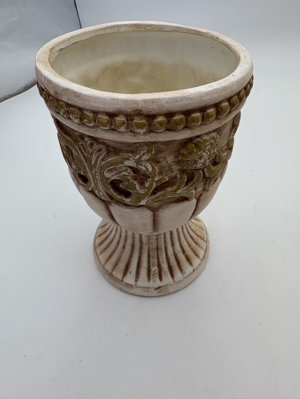 Vintage Grecian Style Cream and Golden Brown Ceramic Pedestal Vase or Planter - Picture 3 of 14